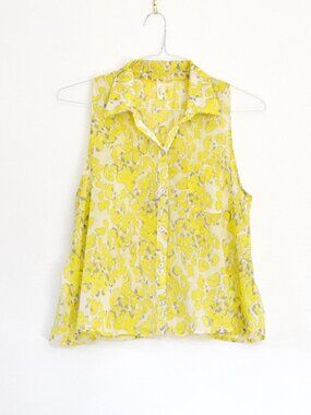 D'CLOSET Flowy Yellow Animal Print Semi Sheer Chiffon Collared Tank Top | Size